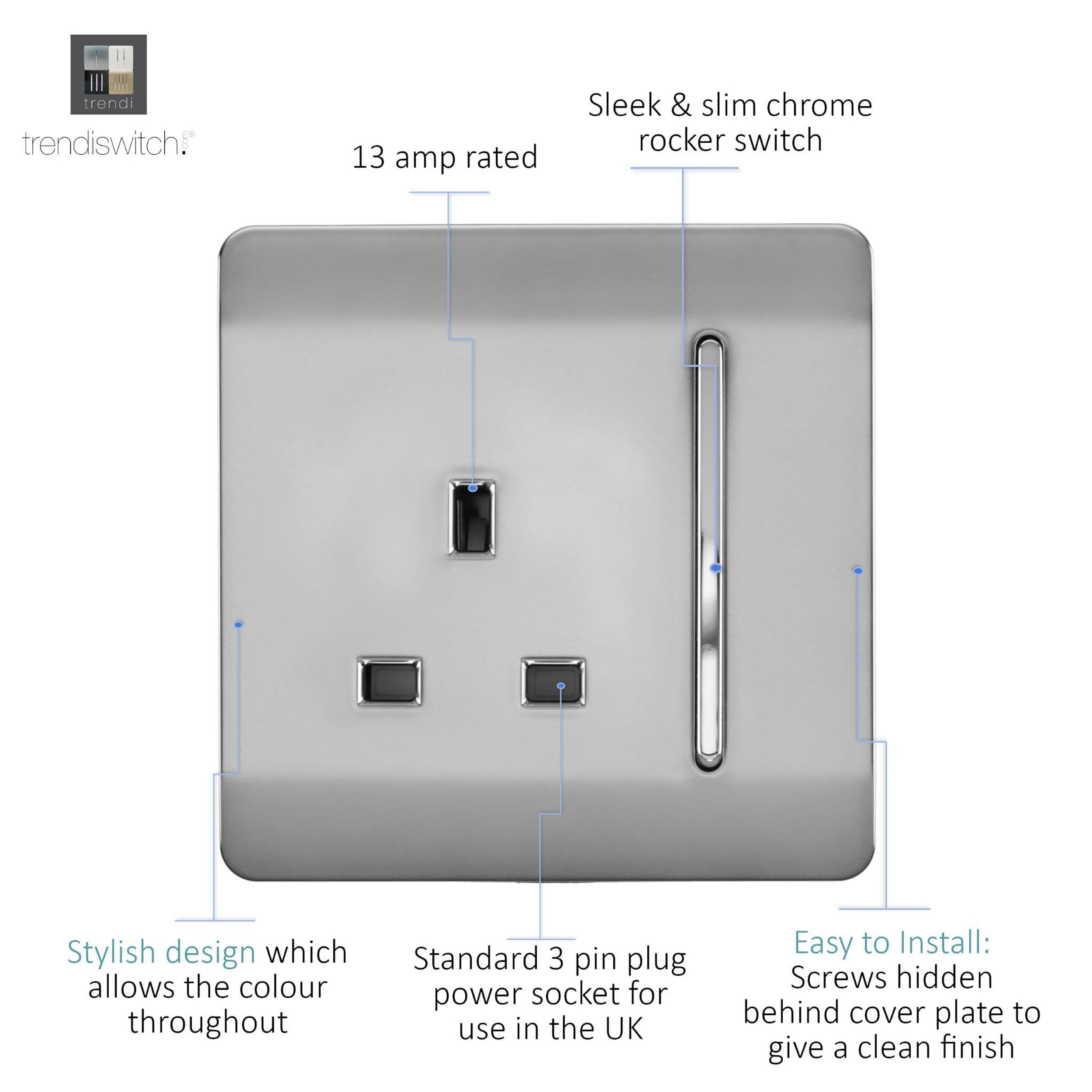 1 Gang 13Amp Switched Single Socket Brushed Steel ART-SKT13BS  Trendi Brushed Steel